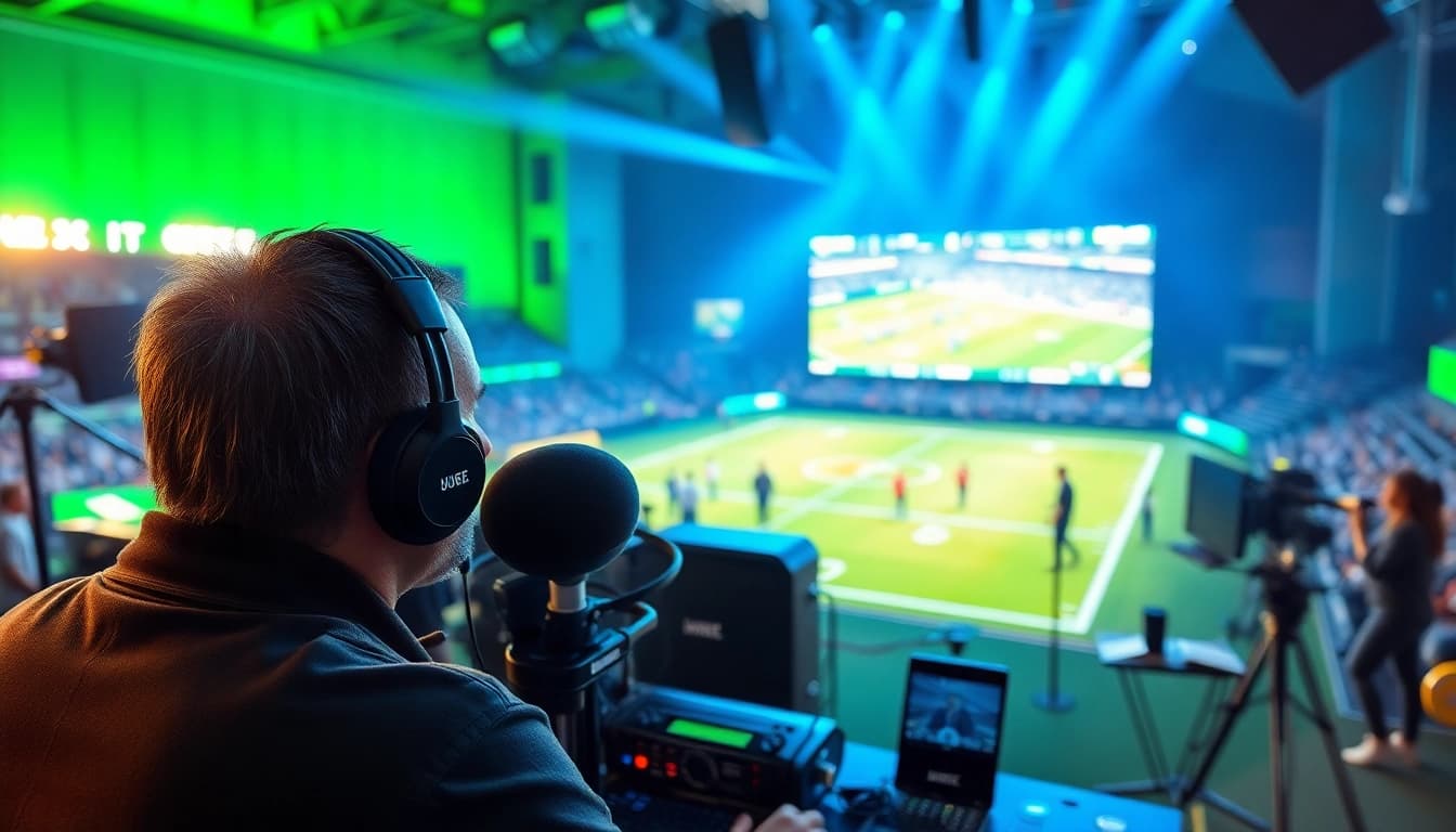 Engaging scene of sports broadcasting with a commentator and live game screen.