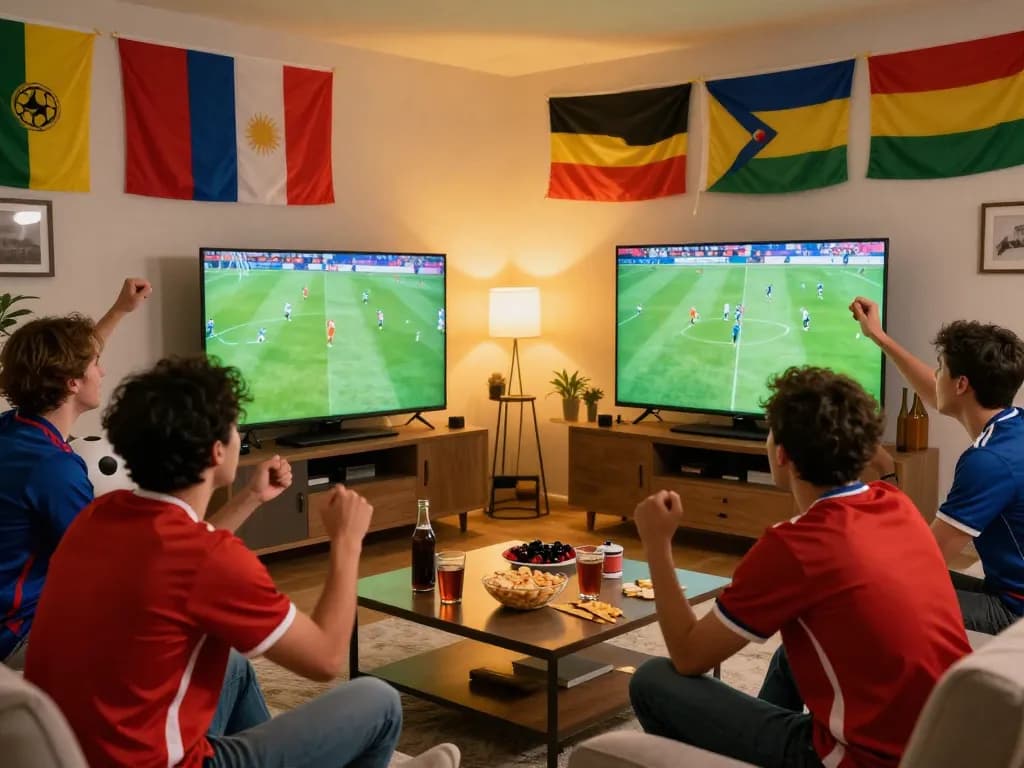Passionate fans enjoying a match on Luong Son TV with vibrant team jerseys and snacks in cozy living room.