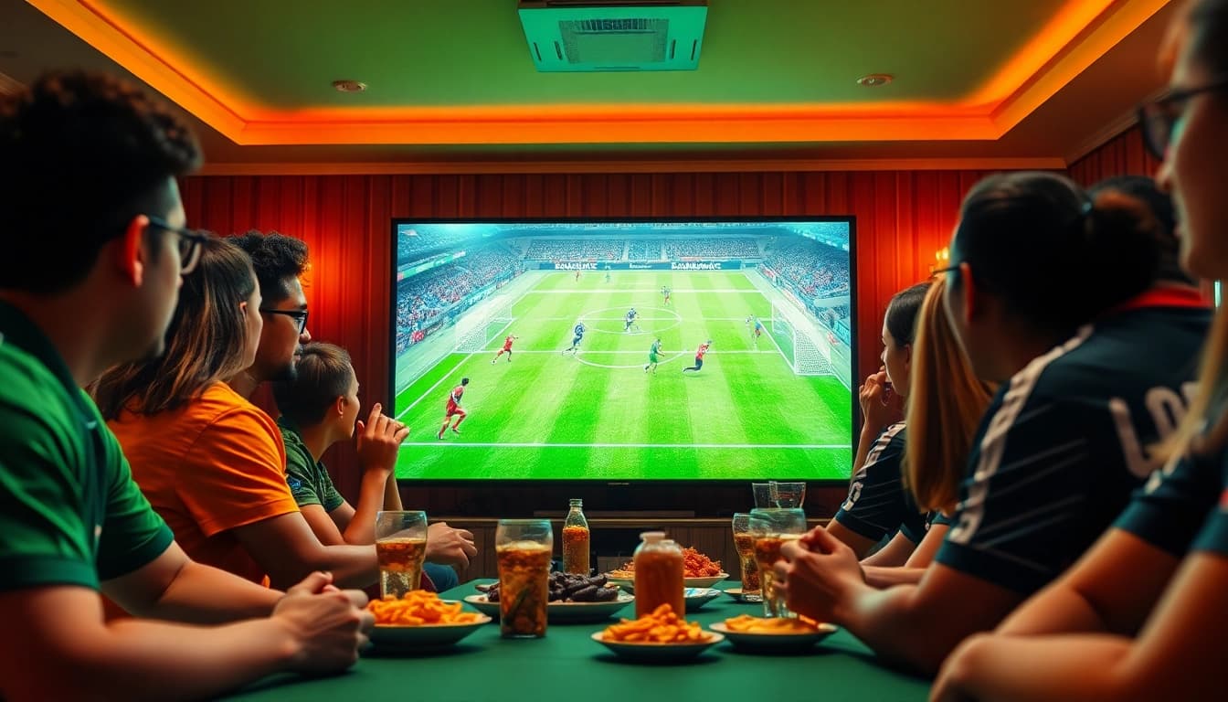 Excited fans enjoying football on LuongSonTV with HD display, snacks, and team spirit.