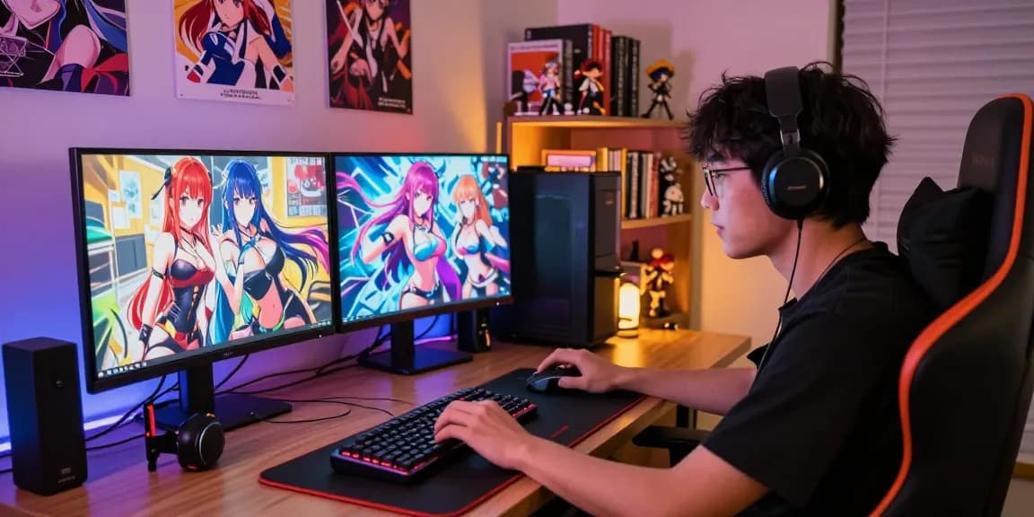 Player engrossed in a captivating ecchi game in a vibrant gaming setup.