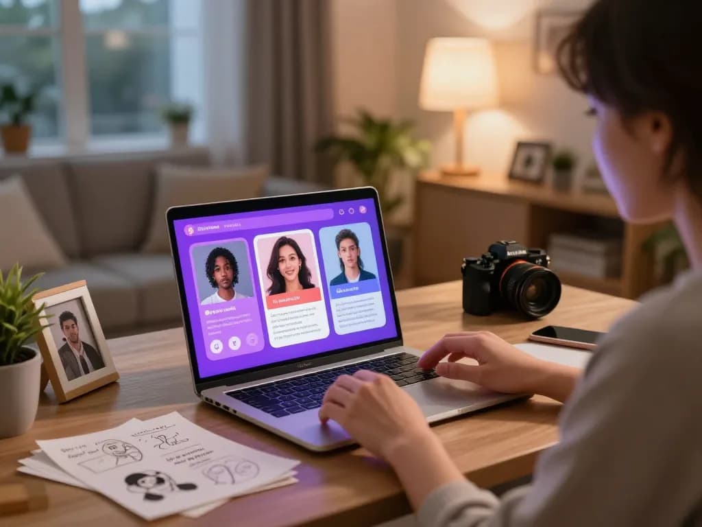 Personalized ai sex chat experience featuring user interaction with AI avatars in a cozy workspace.