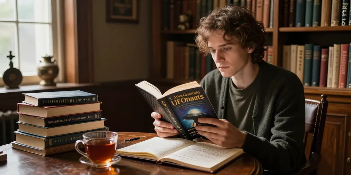Engaging scene at https://tallengreenfield.com featuring a reader exploring T. Allen Greenfield's UFOnauts in a cozy library.