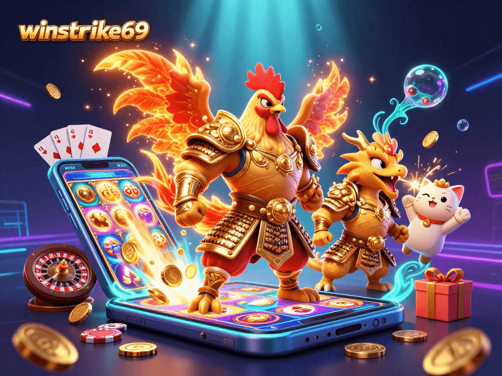 Experience the excitement of winstrike69 with a vibrant 3D illustration featuring dynamic casino elements.