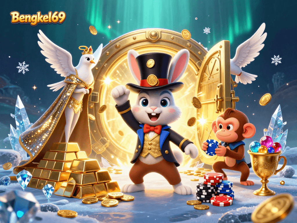 Bettors enjoy the festive atmosphere at Bengkel69, as a magician rabbit unveils golden treasures.