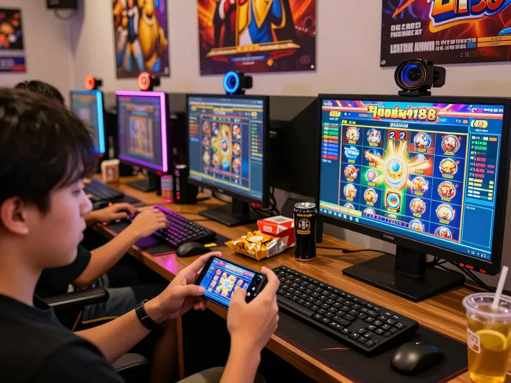 Gambaran menarik pemain yang terlibat dalam permainan laoban188 slot gacor terpercaya dengan grafik yang cerah dan suasana yang imersif.
