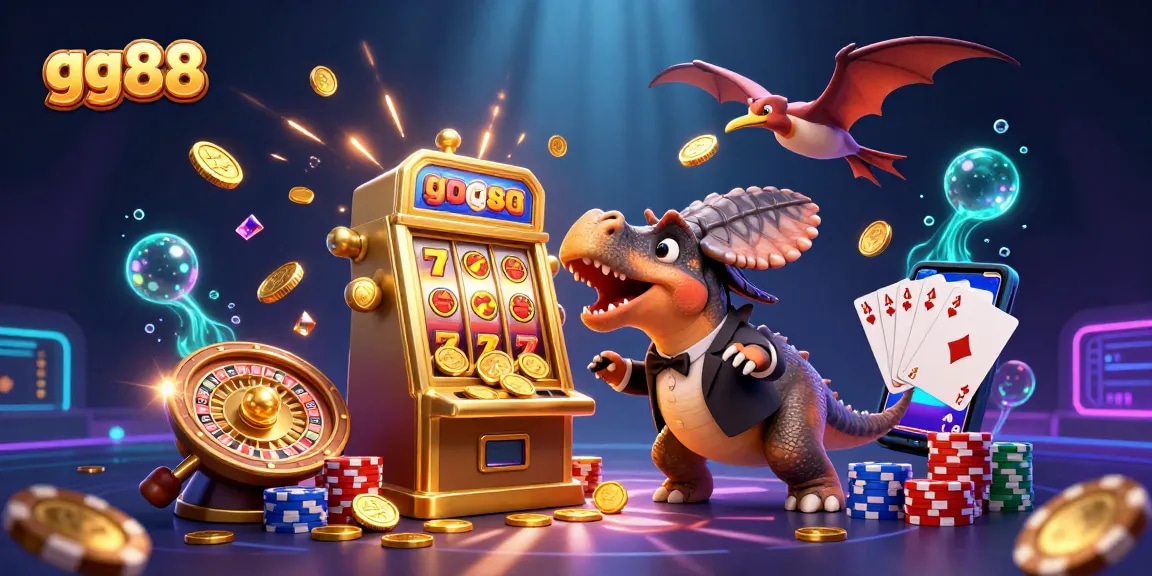 gg88 jackpot scene with animated dinosaurs and flying coins in an exciting casino environment