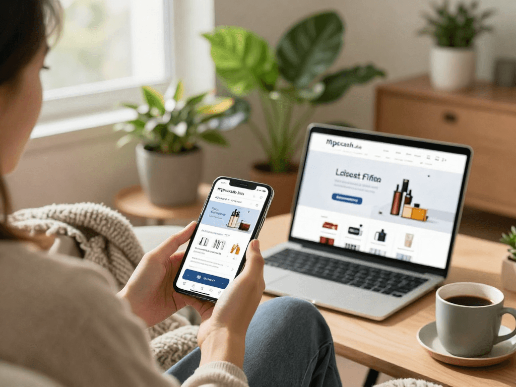 Engaging user browsing mpocash.blog for deals, cozy home atmosphere.
