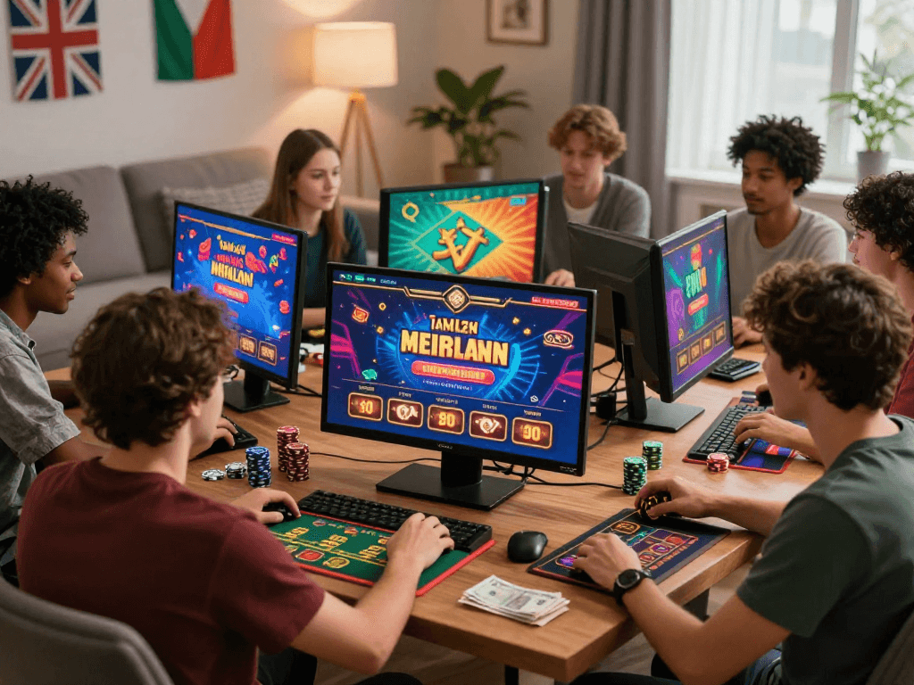 Engaging casino non uk experience with diverse players enjoying online games at home, vibrant atmosphere.
