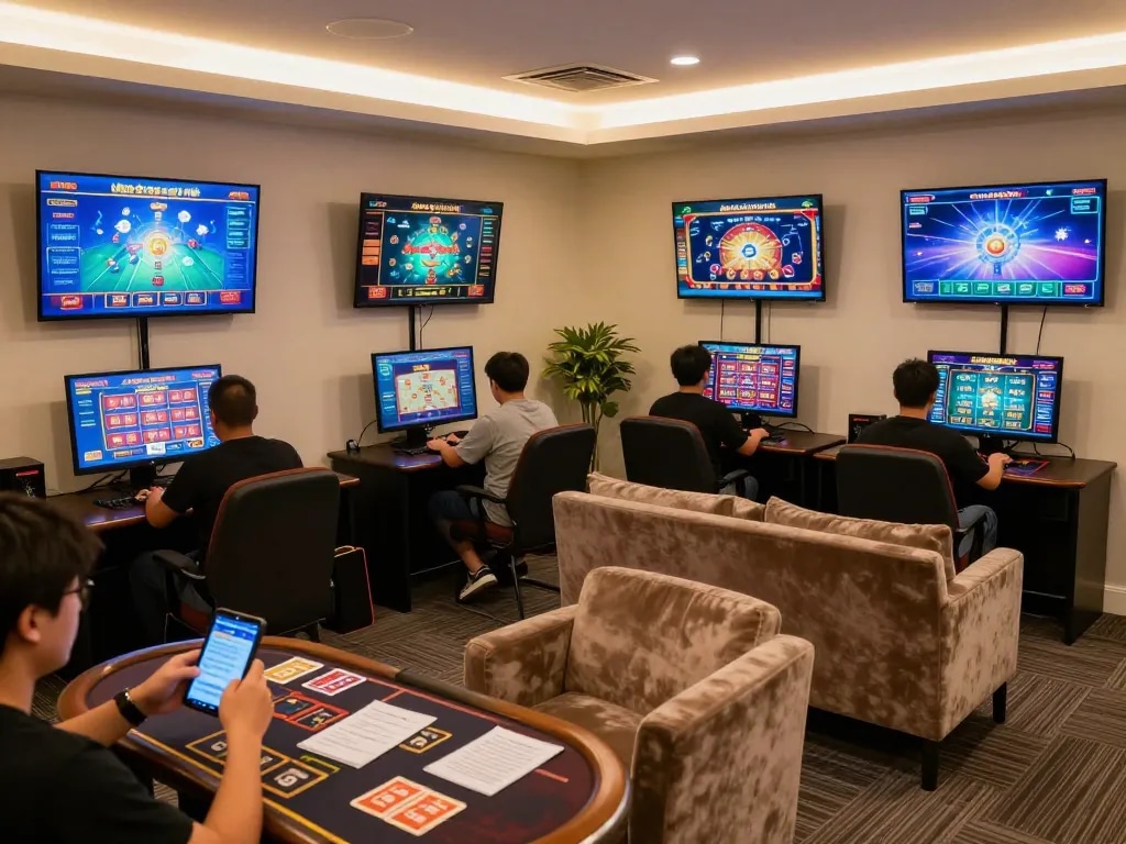 Pemain Dewi89 terlibat dengan permainan kasino online di beberapa layar dalam lingkungan bermain yang hidup.