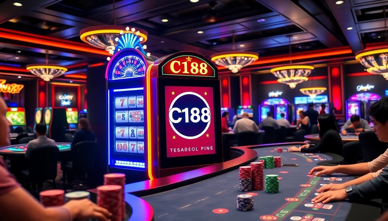 Experience a thrilling moment at C168's casino with slot machines and poker tables.