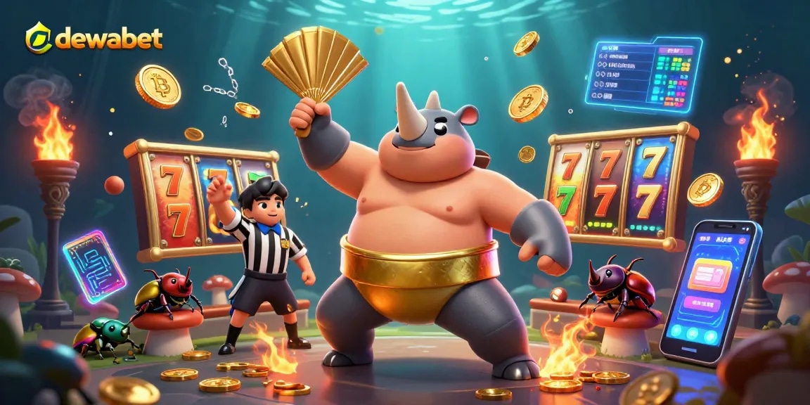 Dewabet hadir dengan ilustrasi menarik dari juara sumo kumbang badak dan elemen game menarik lainnya.