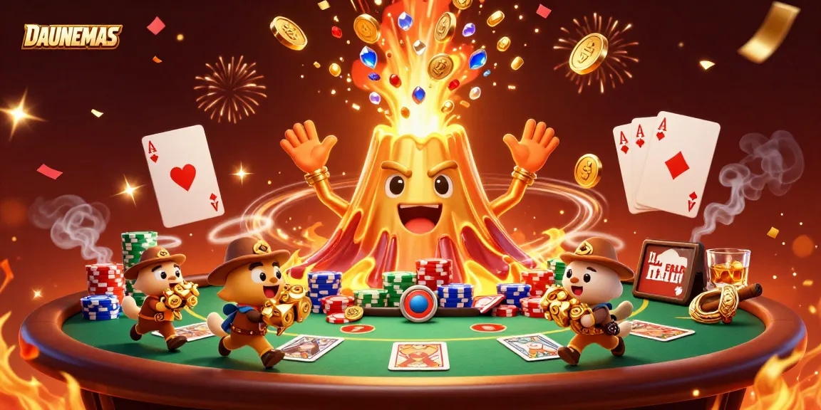 Engage with the DAUNEMAS experience as a golden volcano erupts treasures amidst poker excitement.