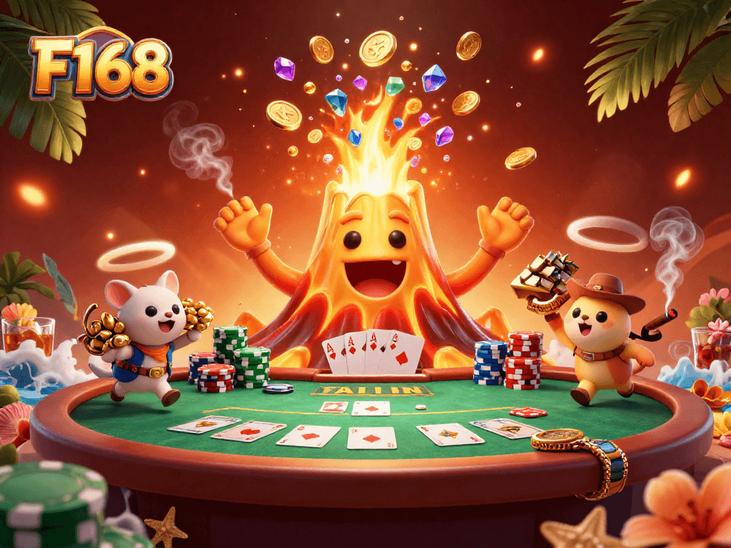 Experience thrilling wins with F168 as the volcano erupts coins, treasures, and poker elements flood the scene.