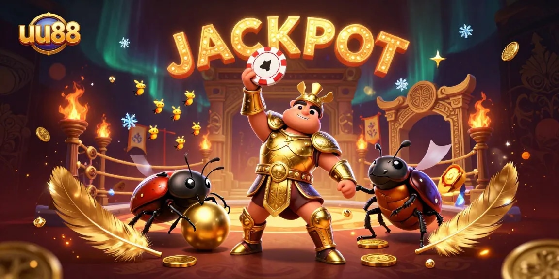 Win big at uu88 with a victorious beetle lifting a poker chip amidst a golden jackpot celebration