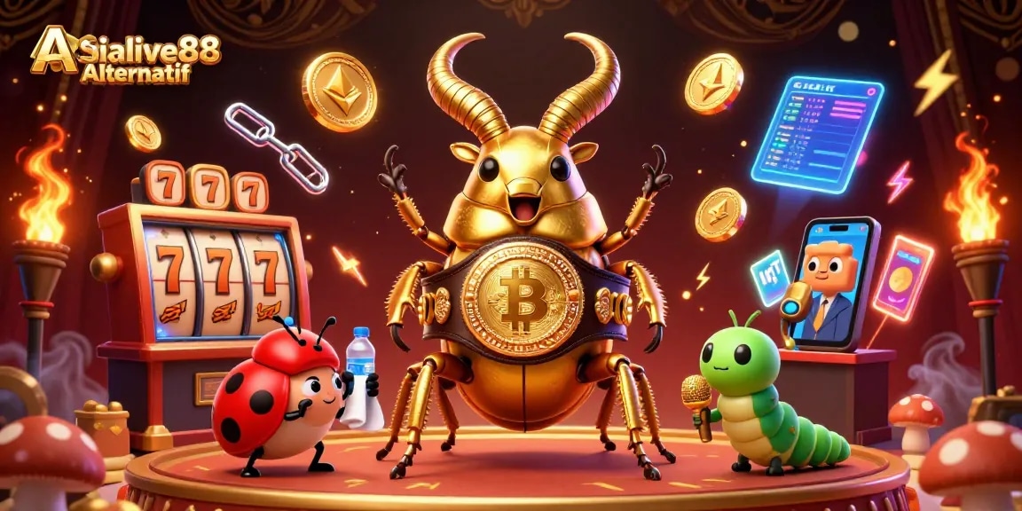 Experience thrilling moments with Asialive88 Alternatif in a vibrant casino scene featuring a giant beetle champion.