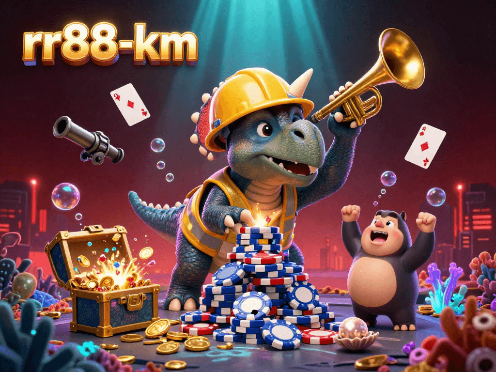 Join the fun at rr88-km as a triceratops builds a poker chip tower in a vibrant casino scene.