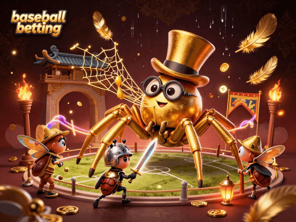 Bet on baseball betting with a daring beetle knight and a golden tarantula in a vibrant arena scene