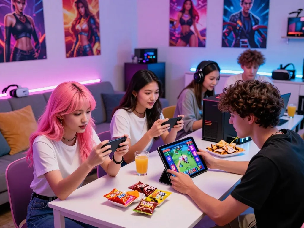 Enjoying mobile porn games in a vibrant gaming environment with friends, showcasing engaging technology and a lively atmosphere.