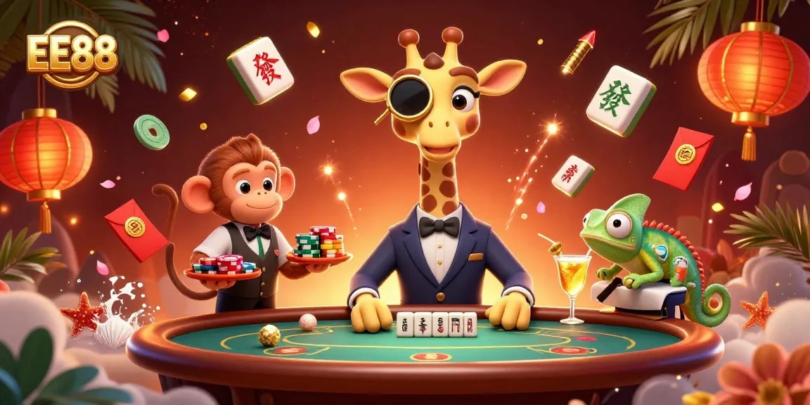 EE88 offers a vibrant 3D casino experience with a high-roller giraffe amidst dynamic game elements.