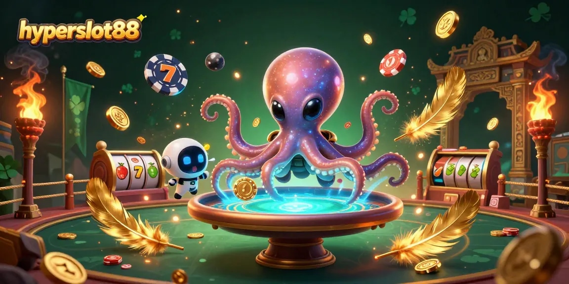 Engage with hyperslot88, the thrilling alien octopus gaming at a holographic poker table surrounded by vibrant casino elements.