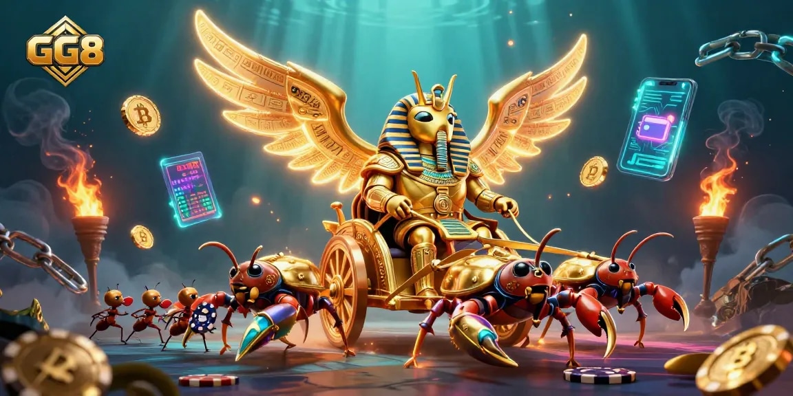 Experience GG8 action with a dynamic scene of a golden scarab and poker chip soldiers in a vibrant casino.