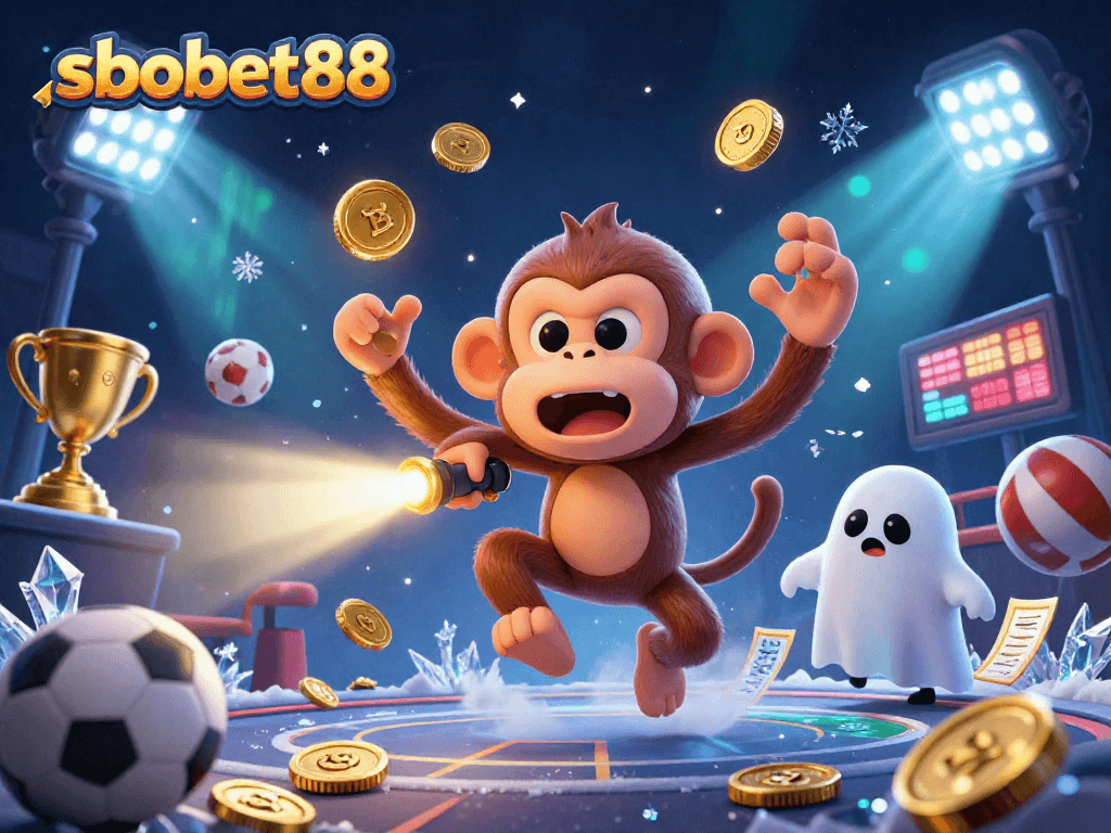 Experience sbobet88 excitement with a mischievous monkey juggling in a haunted casino atmosphere