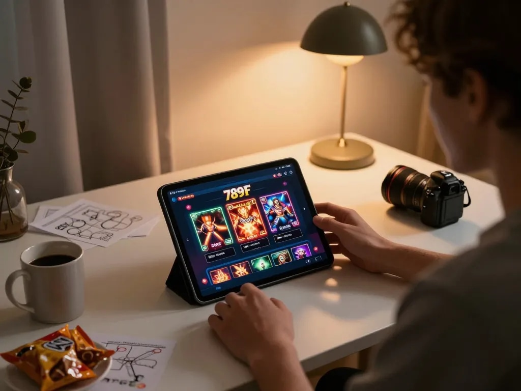 An engaged user experiencing the 789F online casino app on a tablet, illustrating strategic gameplay.