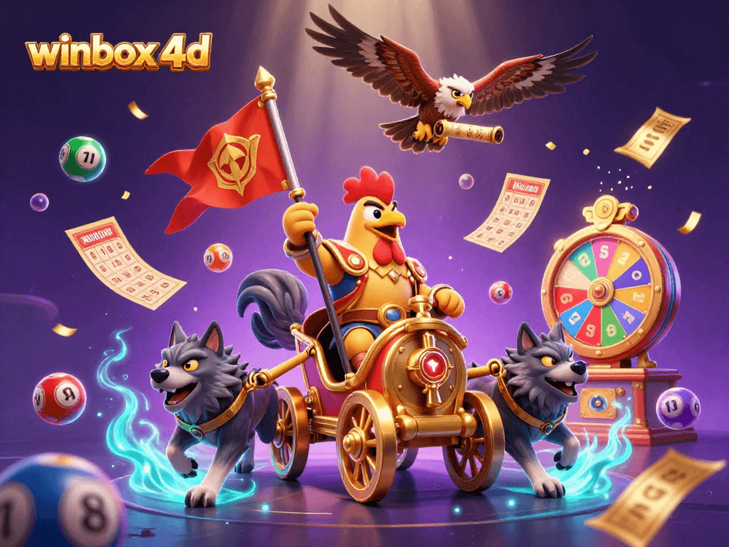 Winbox 4D immersive lottery scene with vibrant balls and golden prizes, creating thrilling gambling magic.