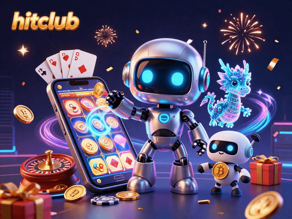 Experience thrilling wins with hitclub in this vibrant 3D casino scene featuring neon robots and slot games.
