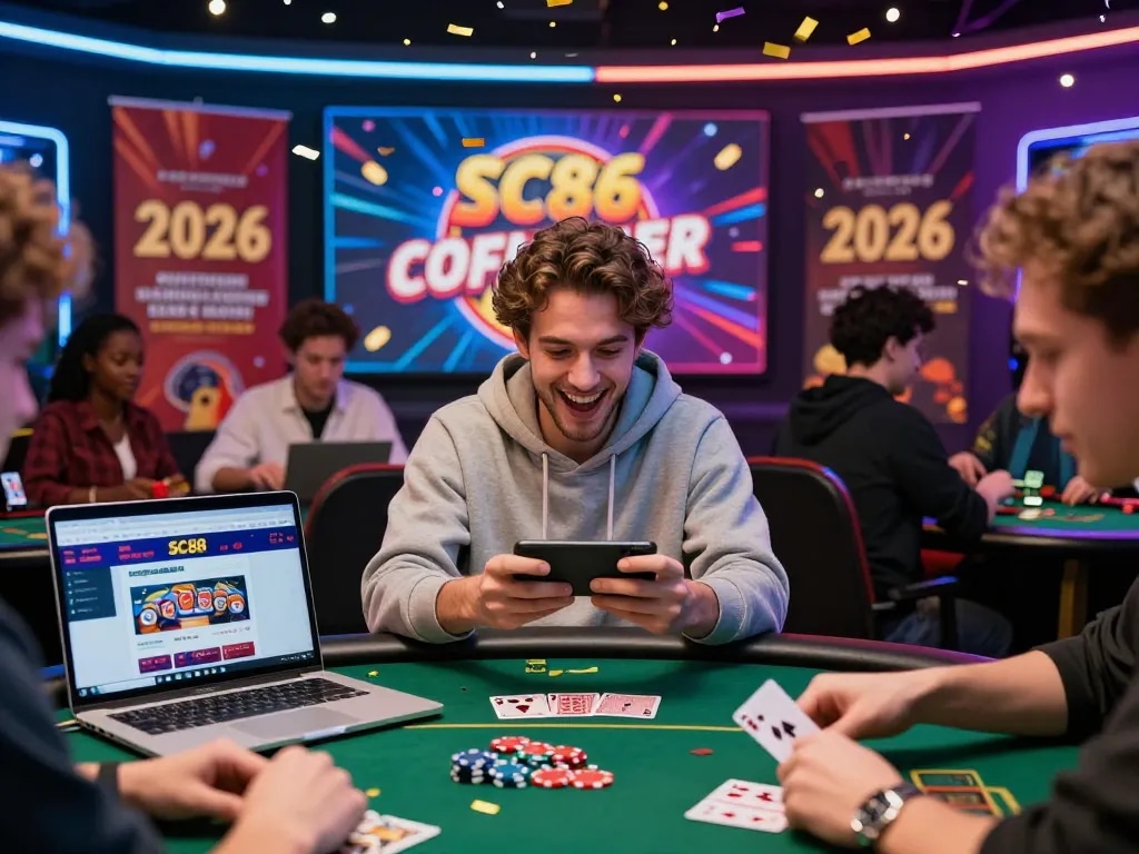 Exciting scene of players celebrating wins on SC88 online gaming platform, showcasing dynamic interactions and festive atmosphere.