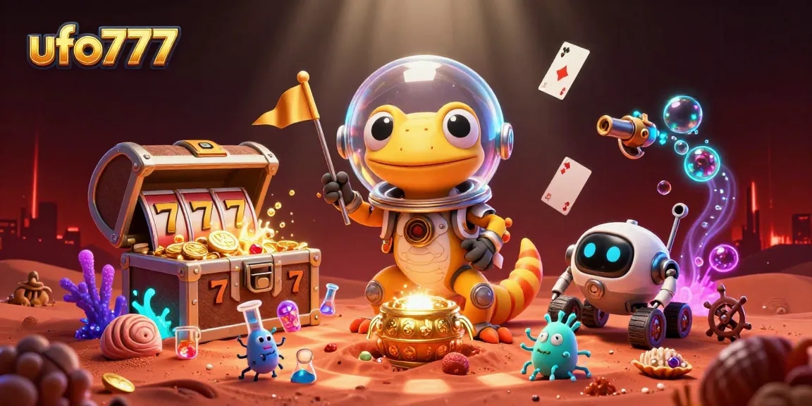 Experience the thrilling adventure of ufo777 featuring a Martian gecko discovering a golden casino amidst vibrant game elements.