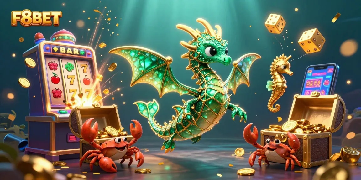 Experience the thrilling world of F8BET with this lively and colorful casino-themed illustration.