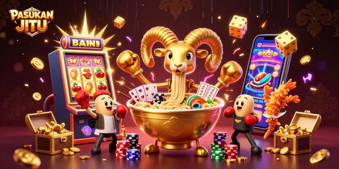 PASUKAN JITU celebrates winning moments with vibrant characters and lively casino elements.