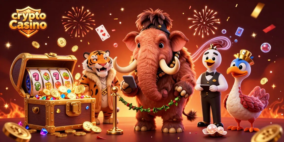 Engage in the vibrant world of a crypto casino with a mammoth bouncer, saber-tooth VIP, and a dodo doorman.