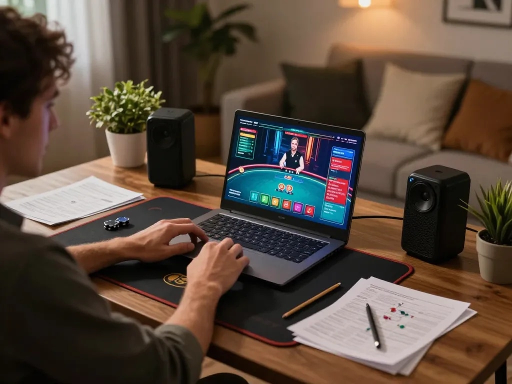 Rikvip player strategizing in a stylish home gaming setup during online poker.