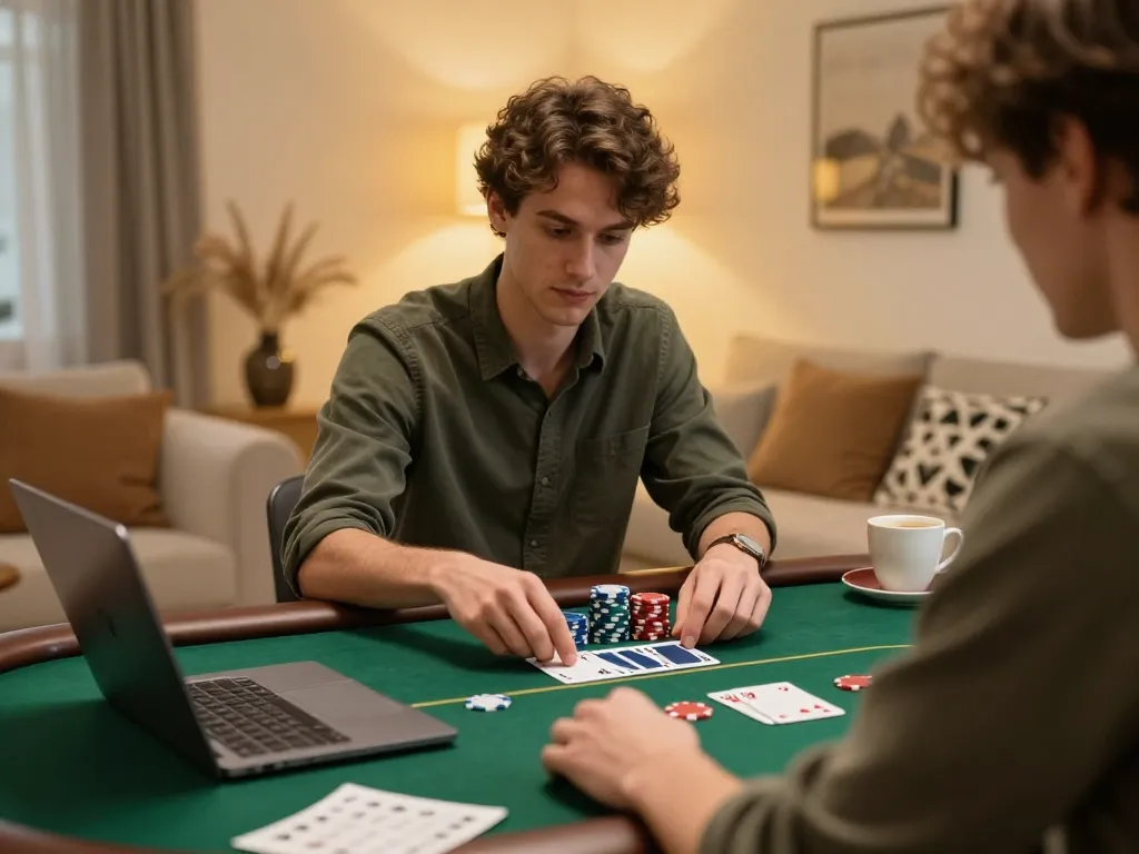 Engaging in an online poker game at home, focusing on strategy and sc88 gameplay