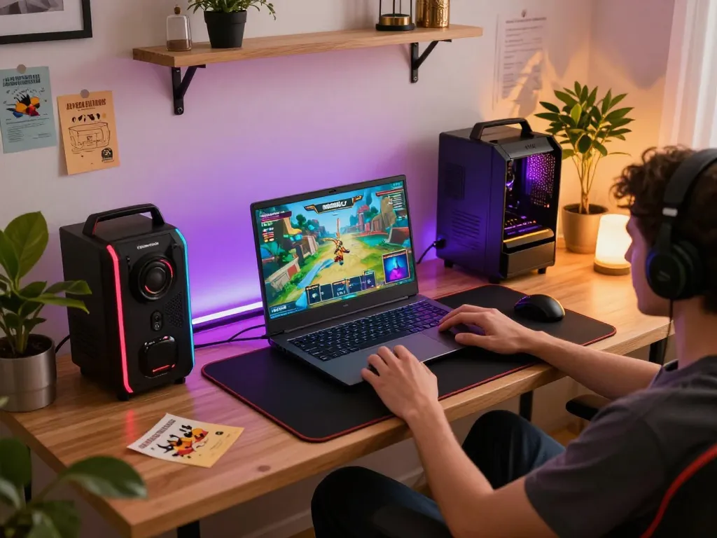 Engaging in a thrilling mb88slot session on a modern laptop amidst a cozy gaming setup.