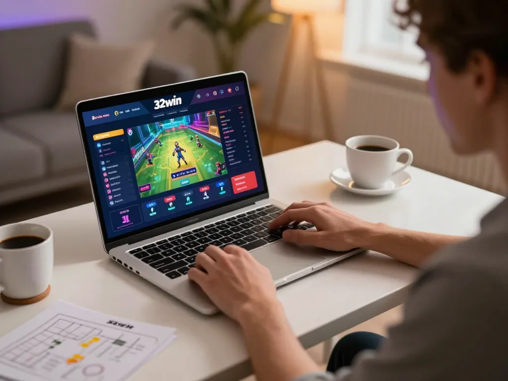 Engaging in strategic gameplay on 32win's online casino interface at home.