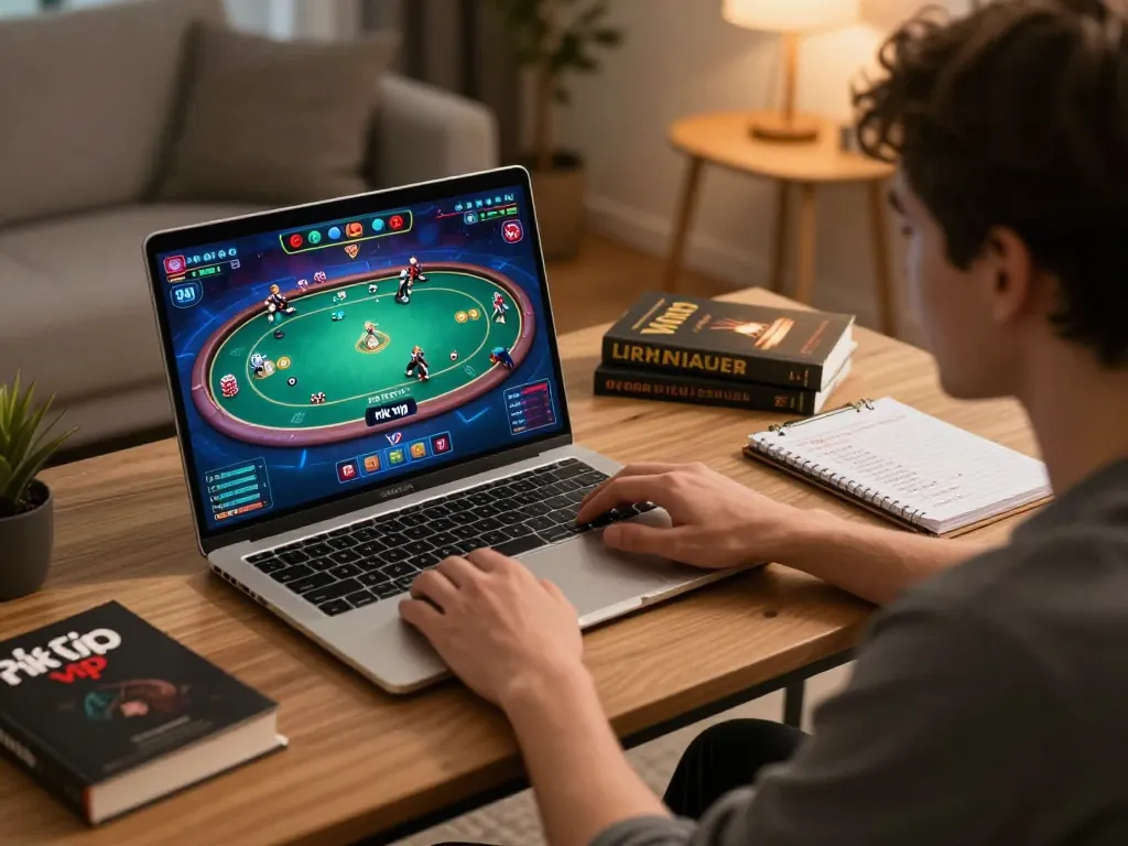 Player enjoying an online game session on rik vip, engaging with interactive poker gameplay interface, cozy setup.