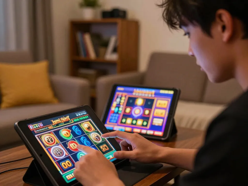Player enjoying slot gacor hari ini gameplay on tablet with vivid interface and cozy background.