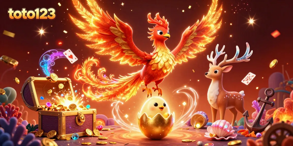 Toto123 delivers winning moments with detailed phoenix illustration amidst a vibrant casino backdrop.