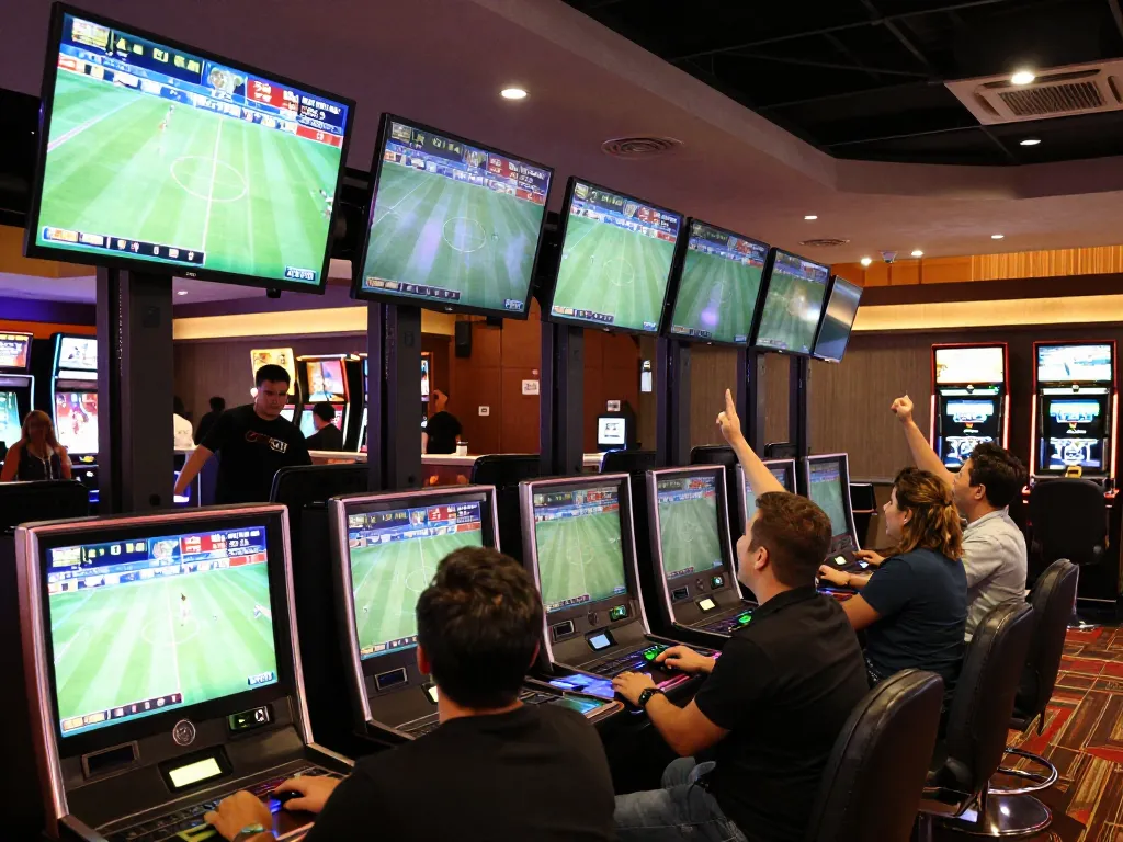 Tỷ Lệ Bóng Đá displayed on interactive screens in a vibrant sports betting environment.
