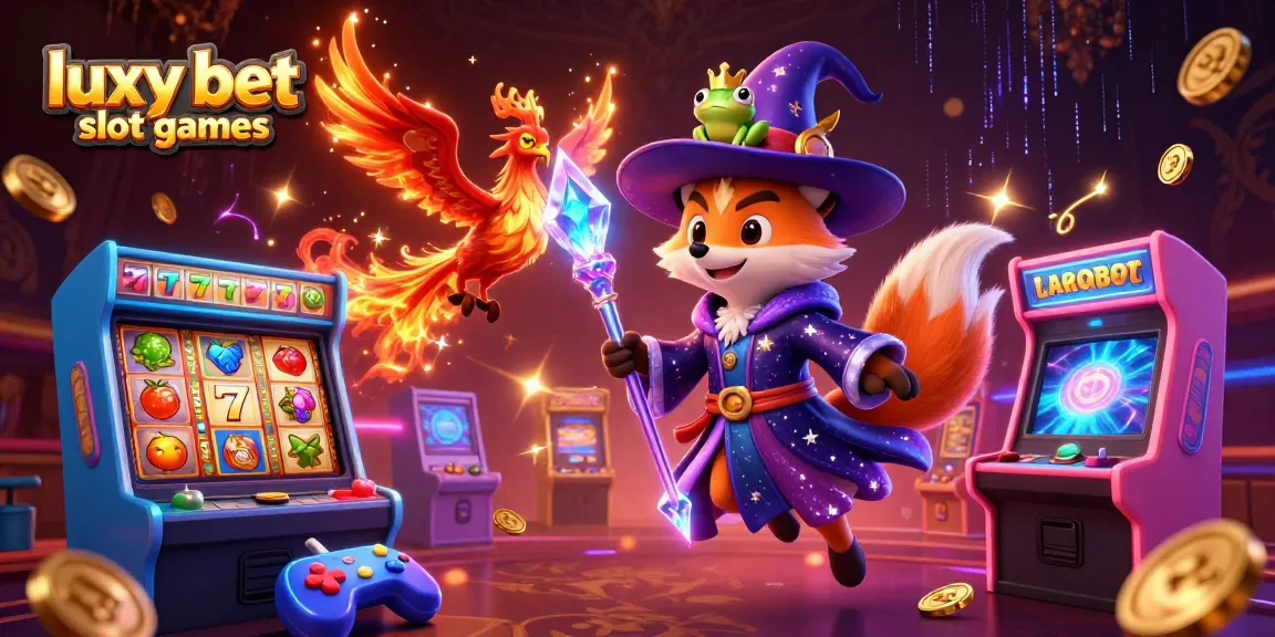 Experience luxy bet slot games with a mystical wizard fox, a fire phoenix, vibrant slot elements, and arcade joy!