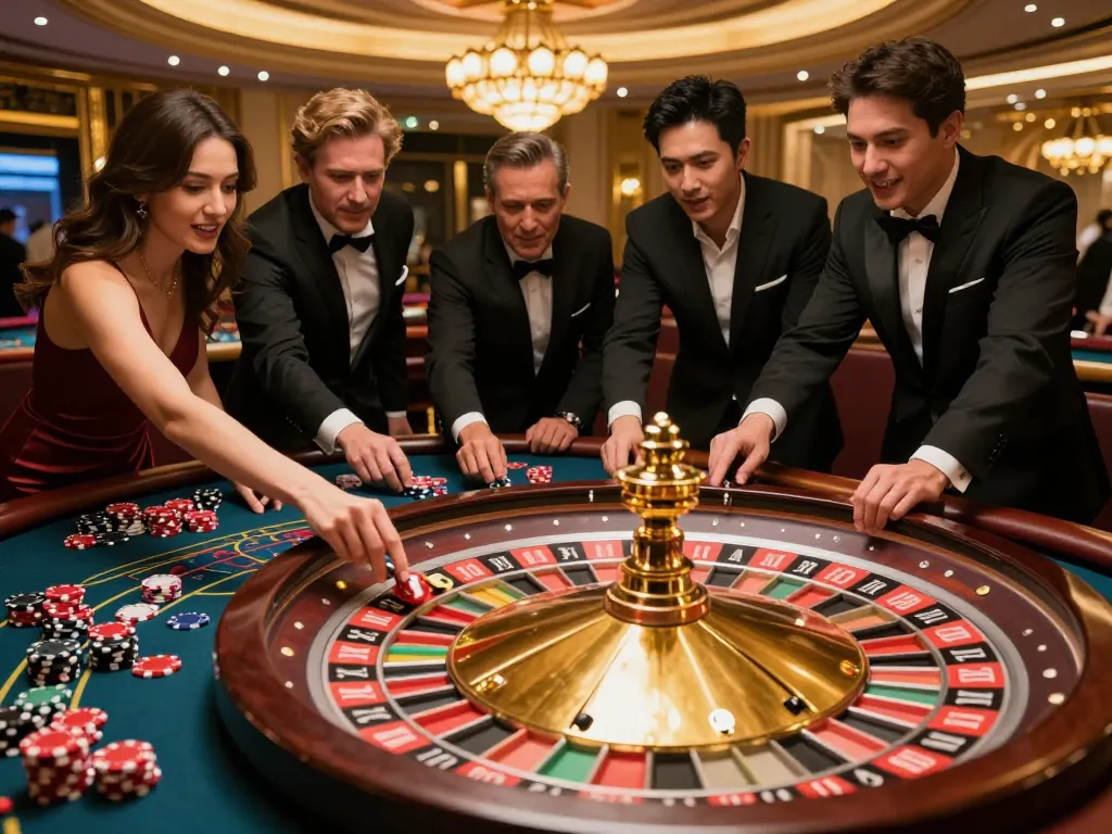 Engaged players at a luxurious roulette table enjoying togel singapore gameplay in an upscale casino environment.