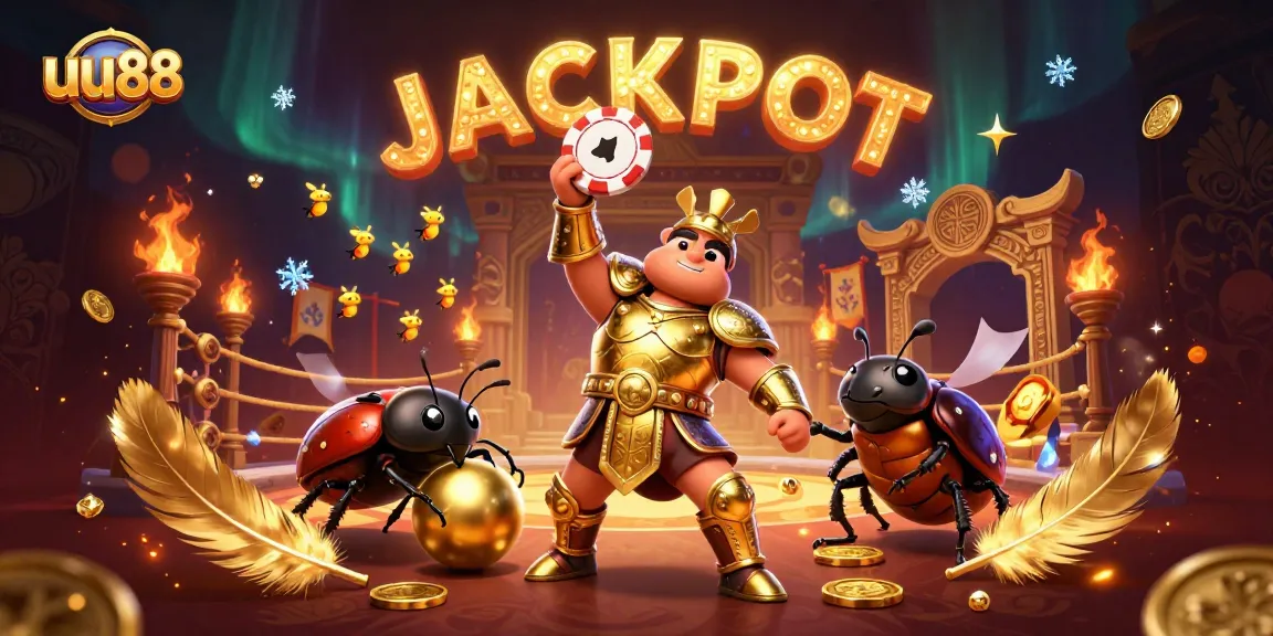 Win big at uu88 with a victorious beetle lifting a poker chip amidst a golden jackpot celebration