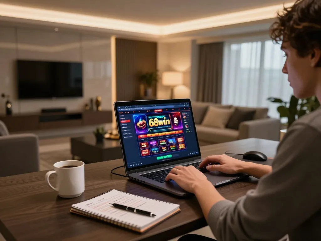 Player engaged in online gaming at 68win, showcasing laptop with casino interface and personal strategy notes.