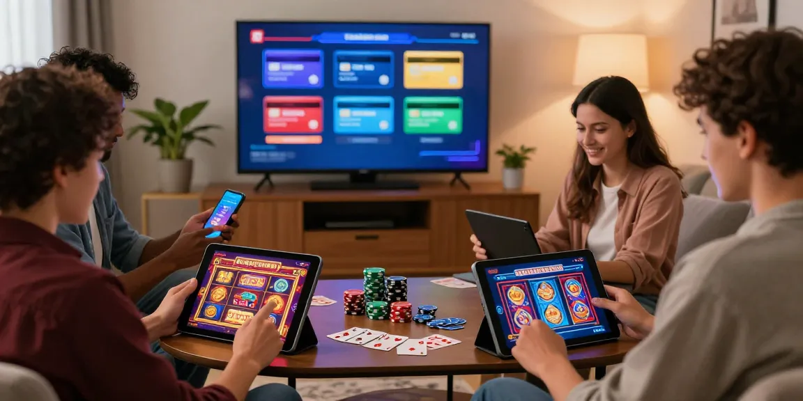 Engaging scene of players enjoying credit card casinos at euf.co.uk with poker chips and digital screens showing various games.