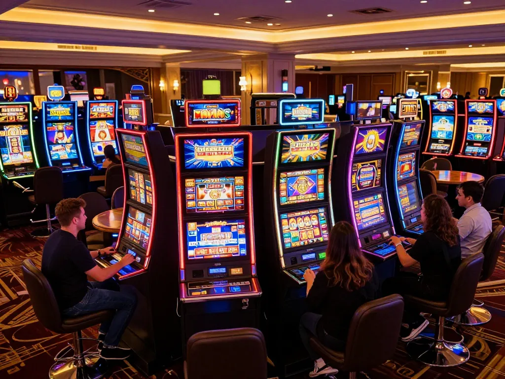 Players celebrating wins at colorful slot machines in a lively casino, sunwin gaming atmosphere.