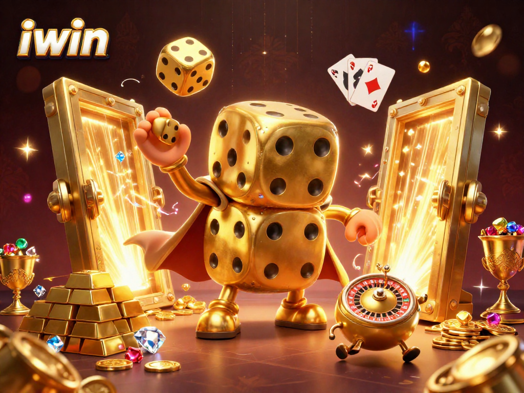 Experience the thrill of iwin with a golden dice golem amidst luxury casino treasure and excitement.