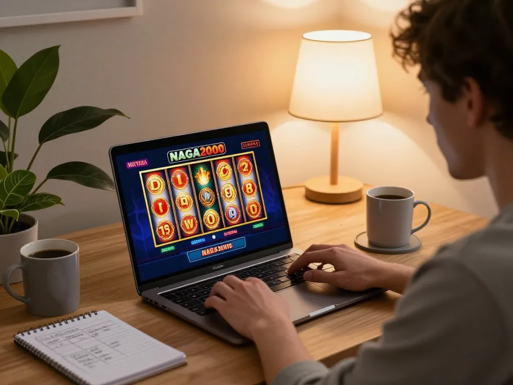 NAGA2000 online gambling session with player enjoying slots on laptop, cozy home atmosphere.